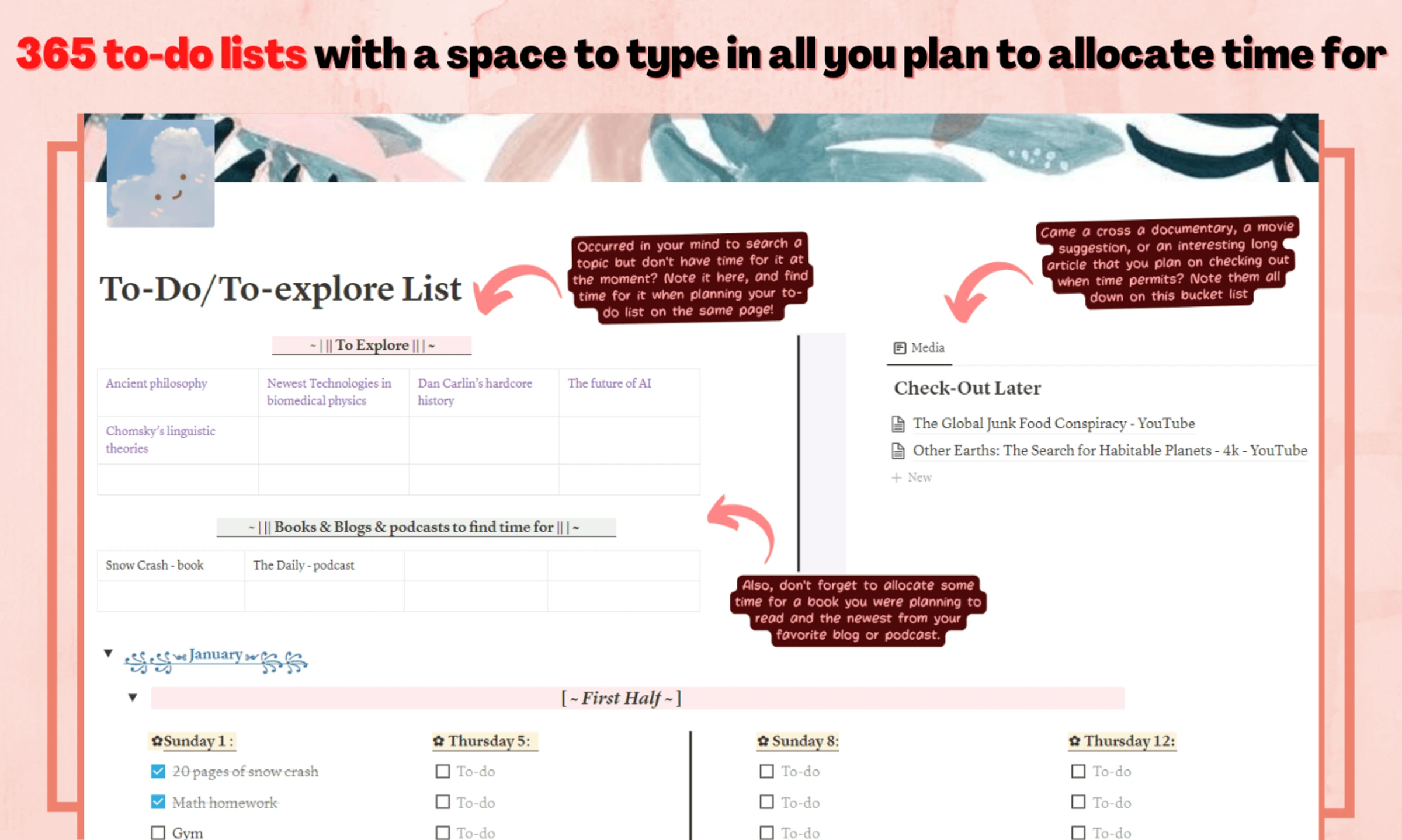 To-do/To-explore List – Full Calendar Year Days – Notion Template