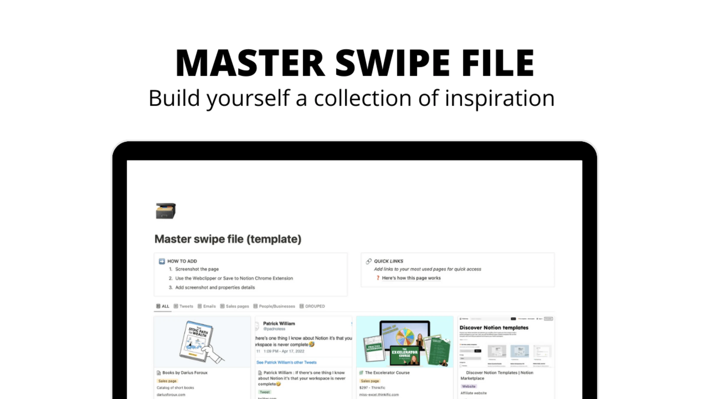 MASTER SWIPE FILE – A Notion template for creators who need inspiration