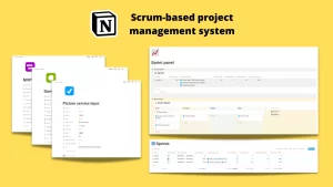 This is a Notion template that implements a project management system based on Scrum principles. It is consists of different tables and views: scrum board