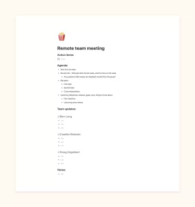 Use this format to run a remote team meeting. We recommend sharing this screen on your virtual conference so it's easy for everyone to follow along.