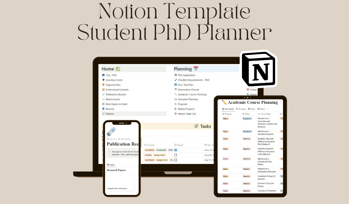 Notion Template for PhD Students 2022 | All in one Notion Organizer | Dissertation Planner, GTD Planner, Notero, and more.