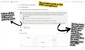 The assistant guides you through all the essential items of the ISO 9001 certificate and helps you in regular quality management. Organize all items and optimize your audit preparation