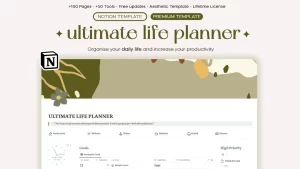 Organize your daily life with our all-in-one ultimate notion life planner. The notion template includes +50 pre-built tools & +100 pages. This powerful aesthetic notion template included many tools such as notion meal planner